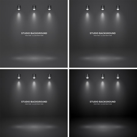 Empty black studio abstract backgrounds with spotlight effect. Product showcase backdrop. Stage lighting. Vector illustrationのイラスト素材