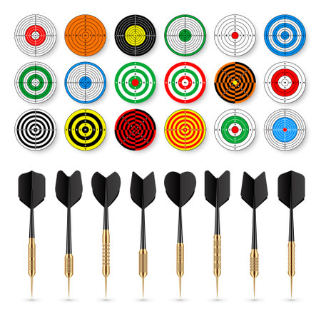 Paper targets with dart arrows and shadows. Shooting range round target, divisions, marks and numbers. Gun shooting practise and training, sport competition. Bullseye and aim. Vector illustrationのイラスト素材