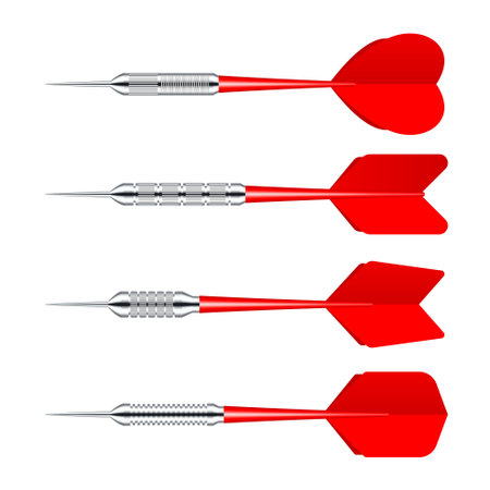 Red dart arrows with metal tip isolated on white background. Dart throwing sport game, dartboard equipment. Vector illustrationのイラスト素材