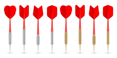 Red dart arrows with metal tip and shadow. Dart throwing sport game, dartboard equipment. Vector illustrationのイラスト素材