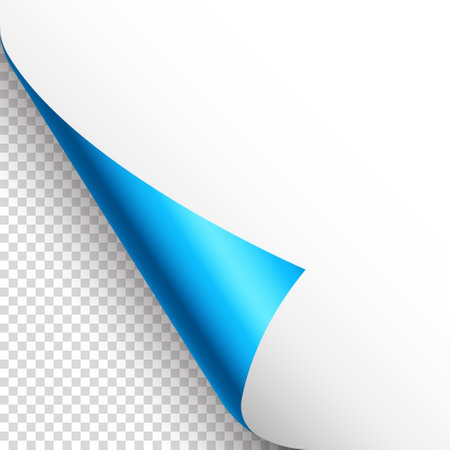 Blue paper curl. Curled page corner with shadow. Blank sheet of paper. Colorful shiny foil. Design element for advertising and promotion. Vector illustration.のイラスト素材