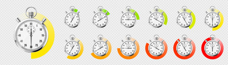 Realistic classic stopwatch. Shiny metal chronometer, time counter with dial. Colorful countdown timer showing minutes and seconds. Time measurement for sport, start and finish. Vector illustrationのイラスト素材