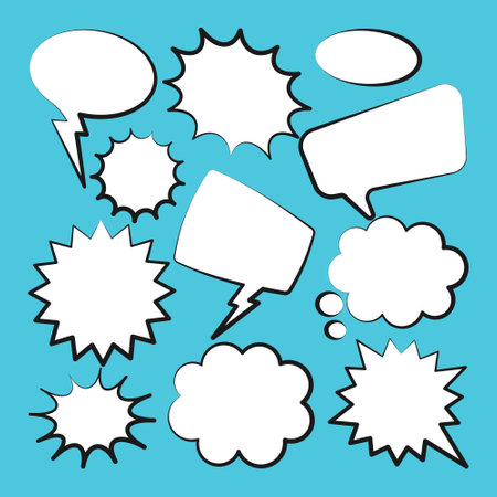 Comic speech bubbles. Outline, hand drawn retro cartoon stickers on blue background. Chatting and communication, dialog elements. Pop art style. Vector illustrationのイラスト素材