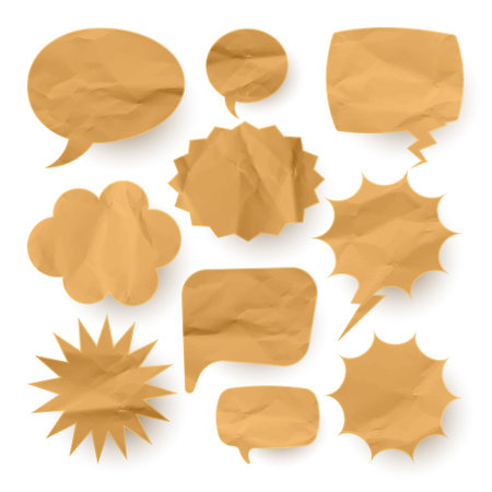 Crumpled paper comic speech bubbles. Hand drawn retro cartoon stickers. Pop art style. Old, vintage dialog boxes with cardboard texture. Vector illustrationのイラスト素材