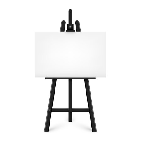Realistic paint desk with blank white canvas. Black wooden easel and a sheet of drawing paper. Presentation board on a tripod. Artwork mockup, template. Vector illustrationのイラスト素材