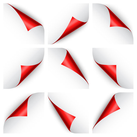 Set of red paper curls. Curled page corner with shadow. Blank sheet of paper. Colorful shiny foil. Design element for advertising and promotion. Vector illustration.のイラスト素材