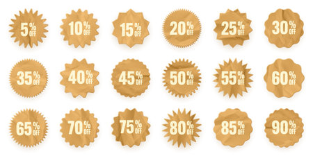 Crumpled paper price tags. Special offer or shopping discount label with percent, discount percentage value. Retail sticker with cardboard texture. Promotional sale badge. Vector illustrationのイラスト素材