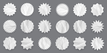 Crumpled paper shopping labels. Sale or discount sticker with cardboard texture. Special offer price tag. Supermarket promotional badge. Sunburst icon. Vector illustrationのイラスト素材