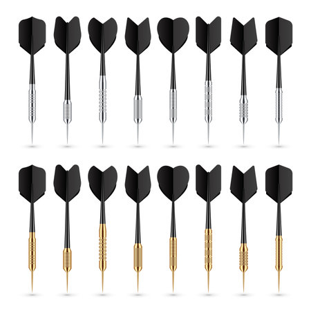Black dart arrows with metal tip and shadow. Dart throwing sport game, dartboard equipment. Vector illustrationのイラスト素材