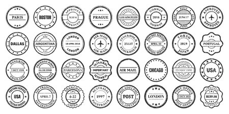 Post stamps, labels and badges. Grunge imprints and postmarks. Vintage circle postcard watermarks. Used envelope design elements. Vector illustrationのイラスト素材