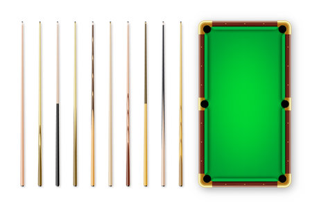 Various wooden billiard cues and green pool table. Snooker sports equipment. Vintage cue. Recreation and hobby, competitive game. Vector illustrationのイラスト素材