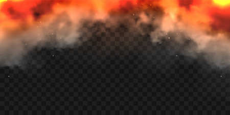 Realistic smoke clouds and fire. Flame blast, explosion. Stream of smoke from burning objects. Forest fires. Transparent fog effect. White steam, mist. Vector design element.のイラスト素材