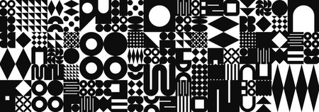 Brutalist geometric texture with simple shapes, symbols. Primitive elements and forms. Bauhaus retro...