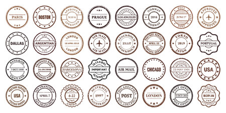 Post stamps, labels and badges. Grunge imprints and postmarks. Brown vintage circle postcard watermarks. Used envelope design elements. Vector illustrationのイラスト素材