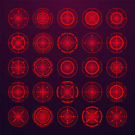 Crosshair, gun sight vector icons. Bullseye, black target or aim symbol. Military rifle scope, shooting mark sign. Targeting, aiming for a shot. Archery, hunting and sports shooting. Game UI element.のイラスト素材