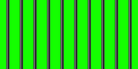 Black metal prison bars on green chroma key background. Detailed jail cage, prison iron fence. Criminal background mockup. Vector illustrationのイラスト素材