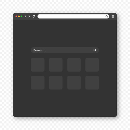 Blank web browser window with toolbar and search field. Modern website, internet page in flat style. Browser mockup for computer, tablet and smartphone. Adaptive UI, dark mode. Vector illustrationのイラスト素材