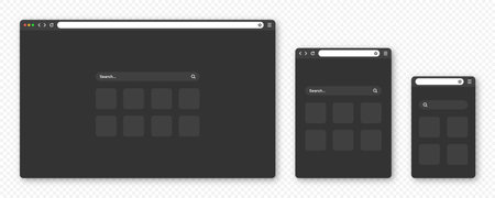Blank web browser window with toolbar and search field. Modern website, internet page in flat style. Browser mockup for computer, tablet and smartphone. Adaptive UI, dark mode. Vector illustrationのイラスト素材