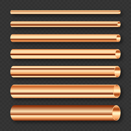 Copper pipes collection. Construction material, pipeline. Industry and engineering. Polished metal texture with silver gradient. Vector illustrationのイラスト素材