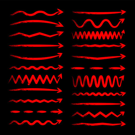 Grunge hand drawn arrows, highlighter lines. Red marker stroke, brush pen drawn underline. Handwritten text pointers, notes, marks. Vector illustrationのイラスト素材
