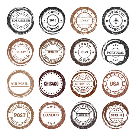 Post stamps, labels and badges. Grunge imprints and postmarks. Brown vintage circle postcard watermarks. Used envelope design elements. Vector illustrationのイラスト素材