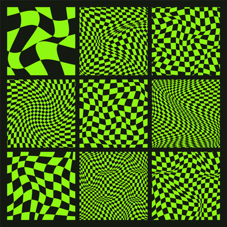 Trendy checkered pattern, black and green distorted tiled grid. Wavy curved backdrop, distortion...