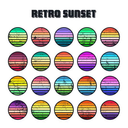 Grunge vintage sunset collection. Colorful striped sunrise badges in 80s and 90s style. Sun and ocean view, summer vibes, surfing. Design element for print, logo or t-shirt. Vector illustrationのイラスト素材