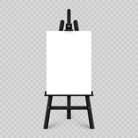 Realistic paint desk with blank white canvas. Black wooden easel and a sheet of drawing paper. Presentation board on a tripod. Artwork mockup, template. Vector illustrationのイラスト素材