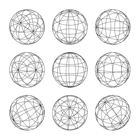 Wireframe shapes, lined sphere. Perspective mesh, 3d grid. Low poly geometric elements. Retro futuristic design elements, y2k, vaporwave and synthwave style. Vector illustrationのイラスト素材