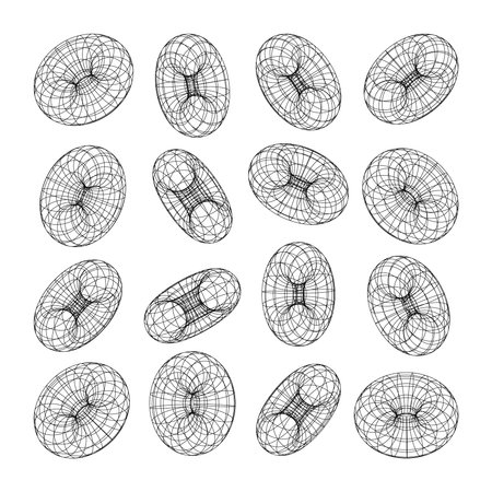 Wireframe shapes, lined torus. Perspective mesh, 3d grid. Low poly geometric elements. Retro futuristic design elements, y2k, vaporwave and synthwave style. Vector illustrationのイラスト素材