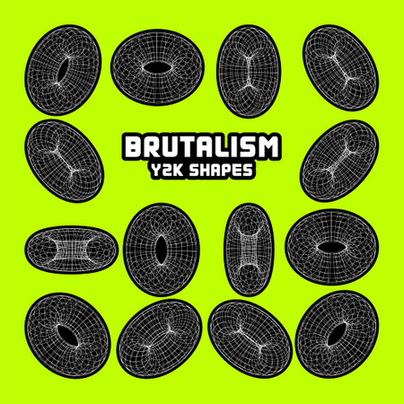 Wireframe shapes, lined torus. Perspective mesh, 3d grid. Modern trendy low poly geometric elements. Retro futuristic design elements, y2k, vaporwave and synthwave style. Vector illustrationのイラスト素材