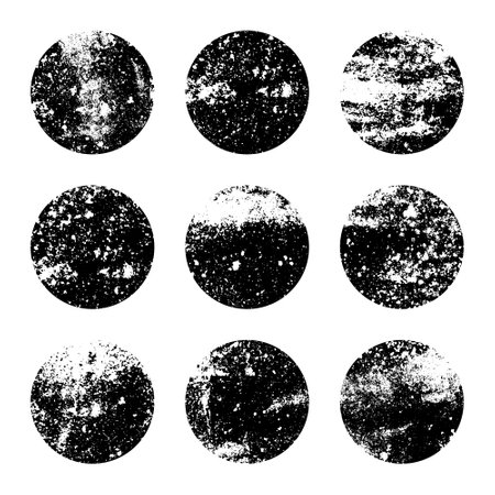 Grunge circles with stains and scratches. Circle brush stroke, round shape design element. Distressed dirty text frame, border, sticker or label. Paintbrush, ink stains. Vector illustrationのイラスト素材