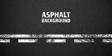 Asphalt road with white cracked lane marking, concrete highway surface, texture. Street traffic line, road dividing strip. Pattern with grainy structure, grunge stone background. Vector illustrationのイラスト素材