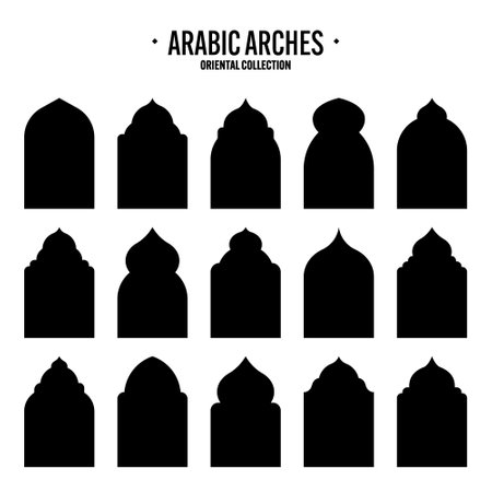 Islamic frames, oriental style objects. Arabic shapes, windows and arches. Traditional ornamental banner, frame. Muslim holidays, Ramadan Kareem. Modern eastern architecture. Vector illustrationのイラスト素材