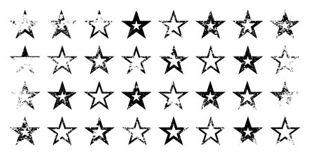 Vintage stars with cracks and stains. Old hand-drawn sign, black simple shape. Retro design element with distressed effect, grunge texture. Vector illustrationのイラスト素材