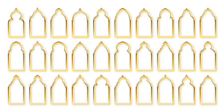 Islamic frames, oriental style. Golden arabic shapes, windows and arches. Traditional ornamental banner, frame. Muslim holidays, Ramadan Kareem. Modern eastern architecture. Vector illustrationのイラスト素材
