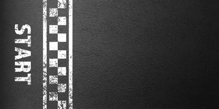 Asphalt road with white start line marking, concrete highway surface, texture. Street traffic lane, road dividing strip. Pattern with grainy structure, grunge stone background. Vector illustrationのイラスト素材