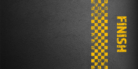 Asphalt road with yellow finish line marking, concrete highway surface, texture. Street traffic lane, road dividing strip. Pattern with grainy structure, grunge stone background. Vector illustrationのイラスト素材