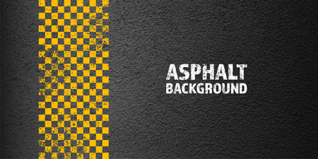 Asphalt road with yellow cracked lane marking, concrete highway surface, texture. Street traffic line, road dividing strip. Pattern with grainy structure, grunge stone background. Vector illustrationのイラスト素材