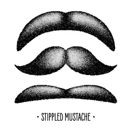 Stippled vintage mustache. Curly facial hair. Hipster beard. Stippling, dot drawing and shading, stipple pattern, halftone effect. Vector illustrationのイラスト素材
