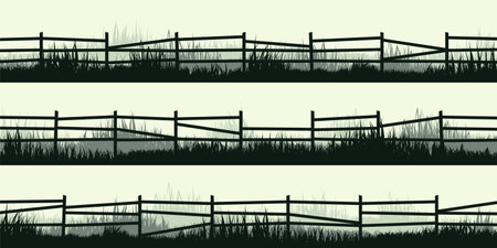 Meadow silhouettes with grass and old wooden fence. Countryside, panoramic summer lawn rural landscape with herbs, weeds. Herbal border, frame element. Green horizontal banners. Vector illustrationのイラスト素材