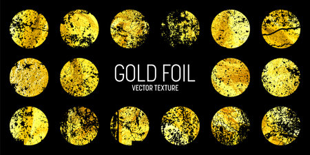 Grunge gold foil, shiny handmade circles. Golden glittering texture, pattern. Luxury shining hand drawn background. Wedding, greeting card decoration elements. Modern art. Vector illustrationのイラスト素材