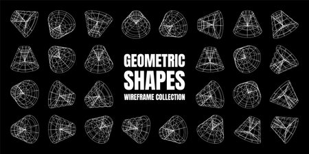 Wireframe lined shapes. Perspective mesh, 3d grid. Low poly geometric elements. Retro futuristic design elements, y2k, vaporwave and synthwave style. Vector illustrationのイラスト素材