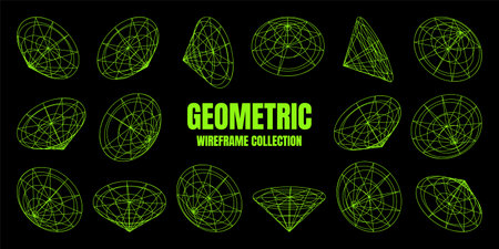 Wireframe lined shapes. Perspective mesh, 3d grid. Low poly geometric elements. Retro futuristic design elements, y2k, vaporwave and synthwave style. Vector illustrationのイラスト素材