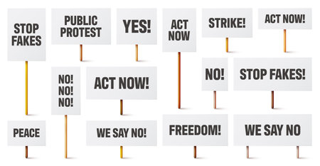 Blank white protest signs with text slogans on wooden holder. Various realistic vector demonstration banners. Strike action cardboard placard mockup. Social advertisement. Vector illustrationのイラスト素材