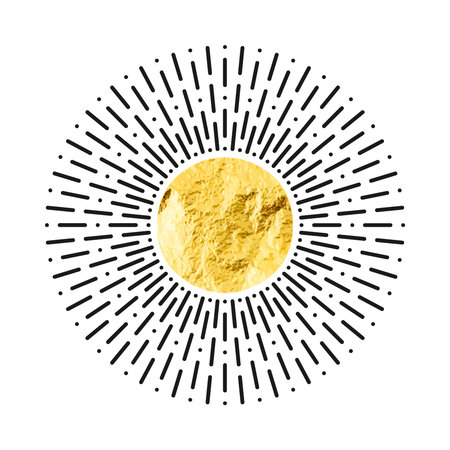 Vintage sunburst, sunset beams. Gold foil, shiny handmade circles. Golden glittering texture,...