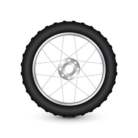 Realistic 3d bicycle wheel. Bike rubber tire, shiny metal spokes and rim. Fitness cycle, touring,...