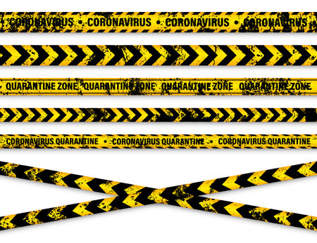 Old grunge quarantine zone warning tape. Novel coronavirus outbreak. Global lockdown. Yellow coronavirus danger stripe. Police caution line, restricted area. Construction tape. Vector illustrationのイラスト素材