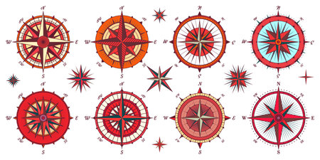 Vintage marine wind rose, nautical chart. Colorful navigational compass with cardinal directions of North, East, South, West. Geographical position, cartography and navigation. Vector illustrationのイラスト素材