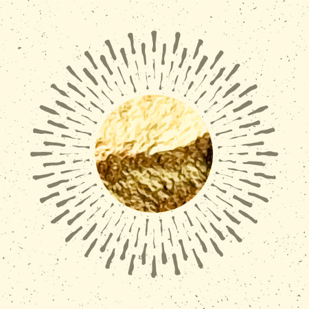 Vintage grunge sunburst sunset beams. Gold foil, shiny handmade circles. Golden glittering texture, pattern. Hand drawn bursting sun, light rays. Logotype, lettering, retro style. Vector illustrationのイラスト素材